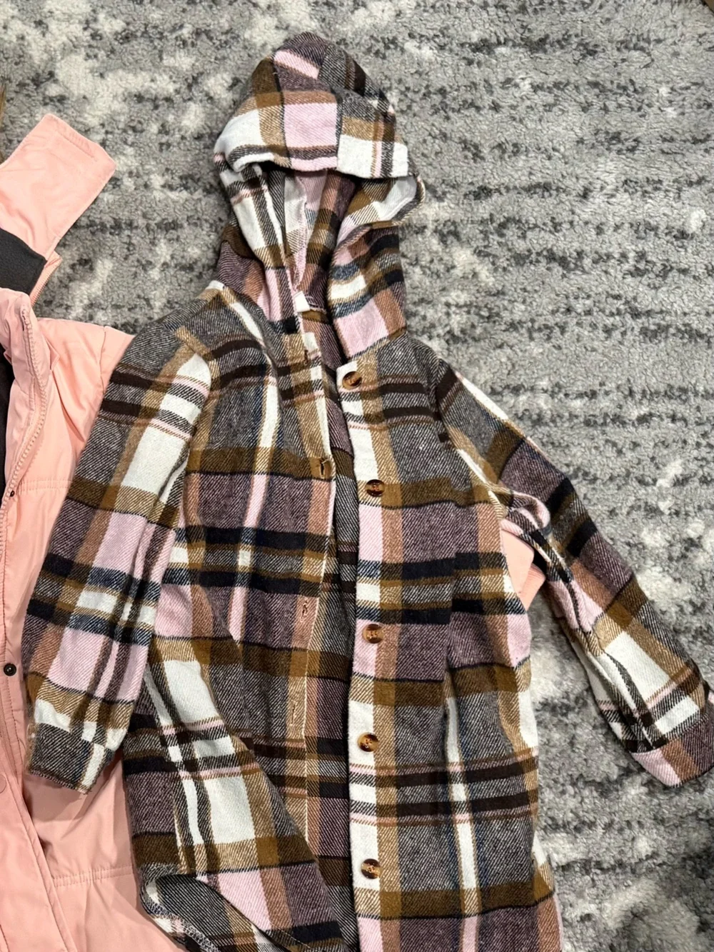 SHEIN Pink Brown Plaid Hooded Button-Front Kids Jacket